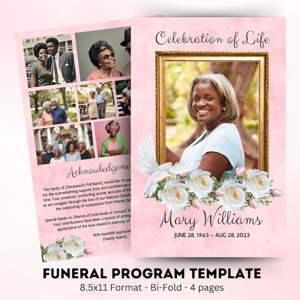 Funeral Program Template | Pink Obituary Template | Instant Download  | Printable & Editable | Pink Theme