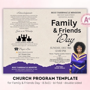 Puede incluir: Una plantilla de programa de iglesia para el Día de la Familia y los Amigos, con un diseño púrpura y beige. El texto incluye "Family & Friends Day", detalles del servicio y una foto de una mujer. La plantilla es de 21,59 cm x 27,94 cm, plegable y de doble cara.