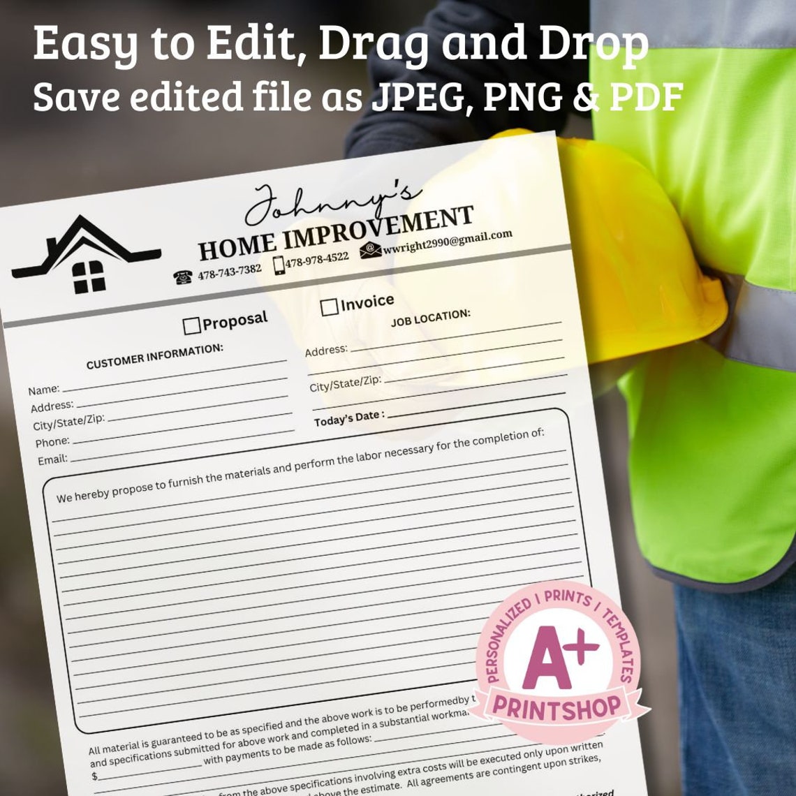 Home Inprovement Invoice Editable Contractor Invoice Template, Home Improvement Business ...