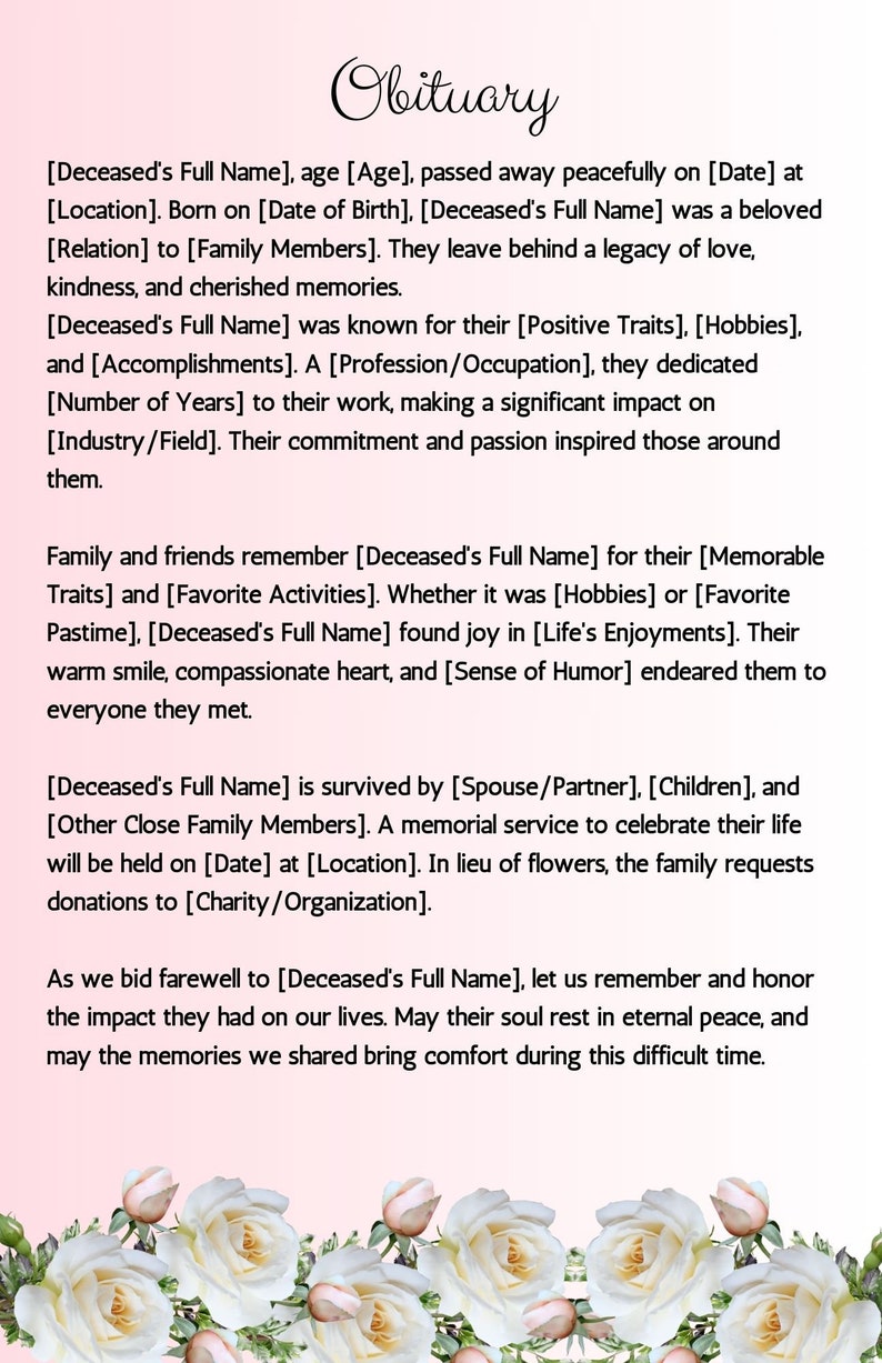 Funeral Program Template Pink Obituary Template Instant Download