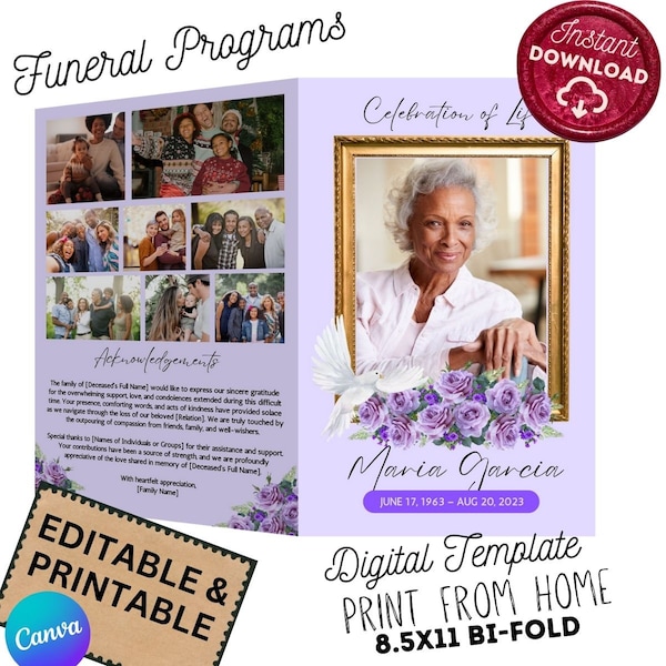 Funeral Program Template | Obituary Template | Instant Download  | Printable & Editable | Purple Theme