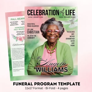 May include: A funeral program template with a green and pink watercolor background. The template features a photo of a woman with a warm smile, wearing a green sweater and a beaded necklace. The text "Celebration of Life" is at the top of the page, with the dates "Sunrise - January 1, 2020" and "Sunset - November 31, 2024". The text "Funeral Program Template" is at the bottom of the page, with the dimensions "11x17 Format - Bi-Fold - 4 pages".
