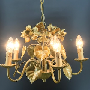 vintage tole flower chandelier - France circa 1970 - gold / brown tones MCM bohemian Hollywood regency