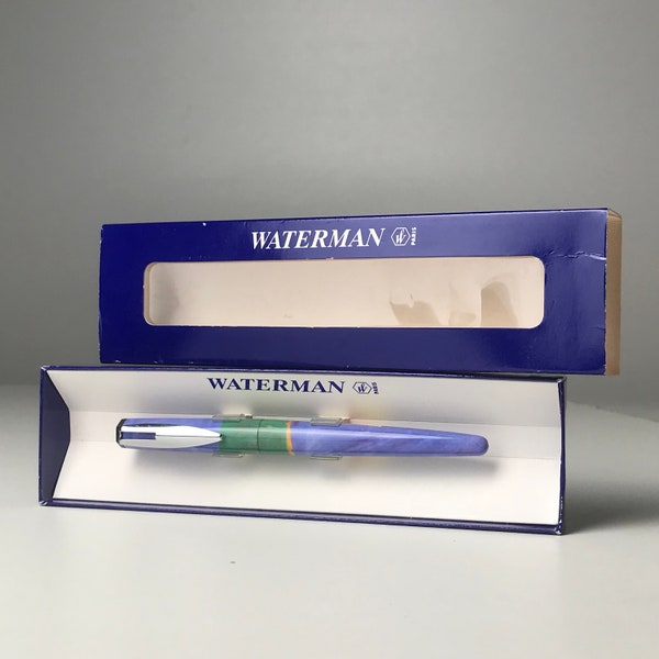 Stylo plume Waterman Reflex vintage des années 1990 NOS New Old Stock boîte originale M-nib jamais utilisé violet bleu vert. Fabriqué en France.