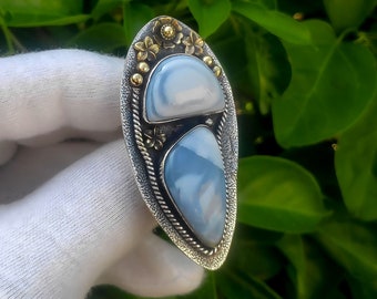 Owyhee Blue Opal Ring , 925 Sterling Silver Plated , Two Stone Ring , Gold Plated Ring , Huge Size Ring , Blue Opal Jewelry , Smooth Stone