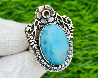 Larimar , 925 Sterling Versilbert , Himmel Farbe , Messing Ring , Artisan Ring , Charm Ring , Ästhetischer Schmuck , Außergewöhnlicher Ring , Geschenk