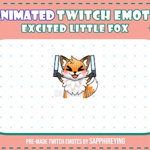 May include: Animated Twitch emote of a cute orange fox with white fur, holding two glowing blue light sticks, with a happy expression and blushing cheeks. The fox is wearing a white collar and has a white tail tip.