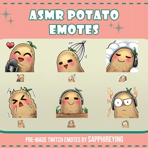May include: A set of nine animated Twitch emotes featuring a cartoon potato with different expressions. The emotes include a potato singing into a microphone, a potato getting a bath, a potato with headphones, and more. The emotes are designed in a cute and whimsical style.