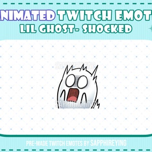 May include: Animated Twitch emote of a white ghost with black eyes and a shocked expression. The ghost has a small mouth with a red tongue sticking out. The text "LIL GHOST-SHOCKED" is above the ghost.