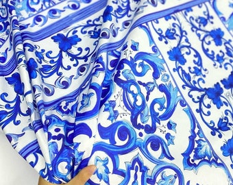 Majolica print cotton fabric in coupon with sicilian tile ornament, blue cotton apparel Italian fabric for sundress, suit