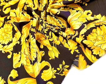 Silk fabric by the yard with gold monogram print, Italian baroque print fabric for dresses, suit in pajama style