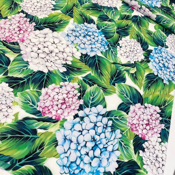 Hydrangea designer fabric by the yard, famous floral print cotton designer inspired fabric, apparel fabric with flowers
