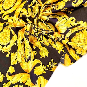Silk fabric by the yard with gold monogram print, Italian baroque print fabric for dresses, suit in pajama style