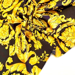 Silk fabric by the yard with gold monogram print, Italian baroque print fabric for dresses, suit in pajama style