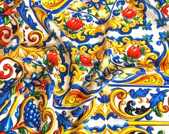 Italian Crepe Viscose Fabric Majolica Print by the Yard, Designer Blue Yellow Tile Fabric for Dress, Blouse, Skirt, Made in Italy