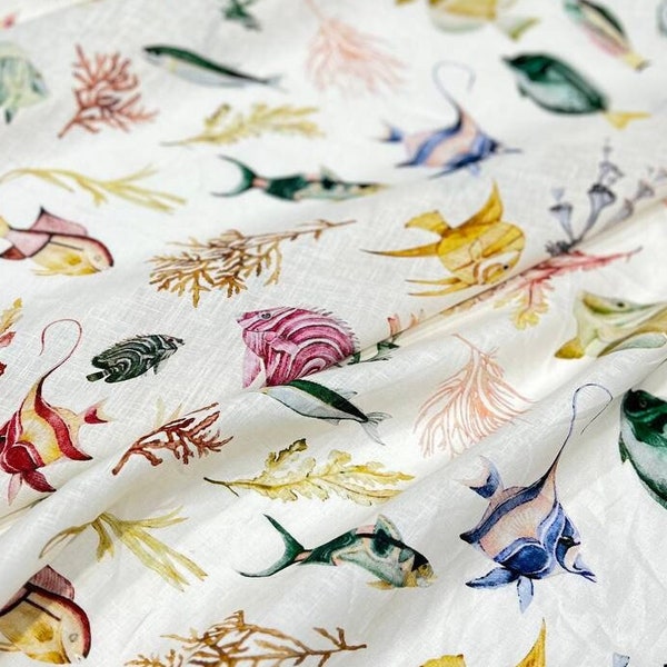 Tissu italien en lin naturel par mètre avec imprimé marin de la collection Cruise, tissu en lin de haute qualité pour jupe, chemise, robe d'été