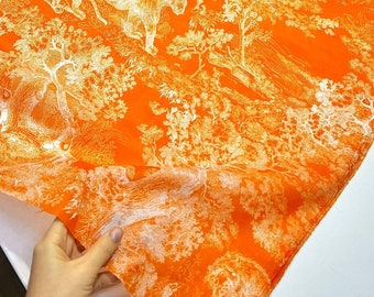 Cotton batiste fabric by the yard with toile de jouy print Cruise collection, animal print Italian orange apparel clothing fabric