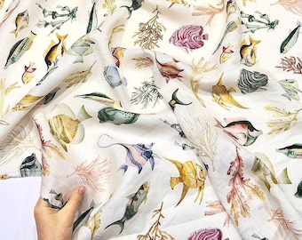 Tessuto italiano in lino naturale tagliato su misura con stampa marina della collezione Cruise, tessuto in lino di alta qualità per abbigliamento, gonne, camicie, prendisole