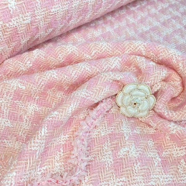 Tissu italien en tweed de viscose par mètre de couleur rose pâle, vêtements de haute qualité à coudre en tweed pour veste, jupe, robe