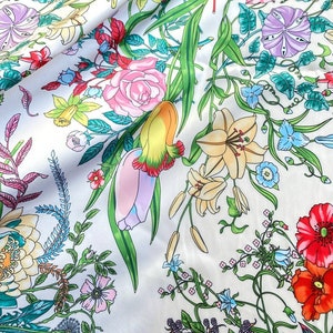 Silk fabric by the yard with delicate floral print, Italian fabric with roses lilies print, apparel fabric for dress, blouse, skirt