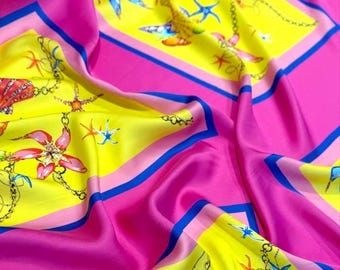 Italian premium silk fabric with bright summer cruise print, marine seashell sewing tailoring fabric for pajama style suit, dress, shirt