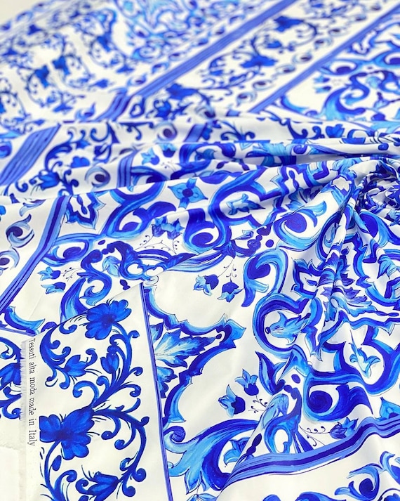 Majolica Print Italian Cotton Fabric, Sicilian Print Fabric, Blue Tile Print  Sewing Fabric for Suits and Sundresses 