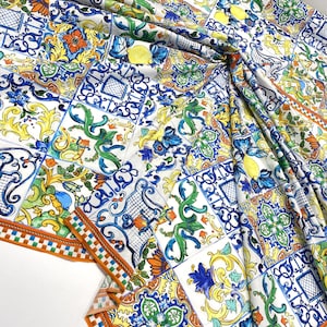 Majolica Print Cotton Fabric With Lemons, Baroque, Tiles, Sicily Print ...