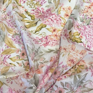Premium linen fabric by the yard with small flowers print, designer fashion fabric with floral print for dress, skirt, blouse