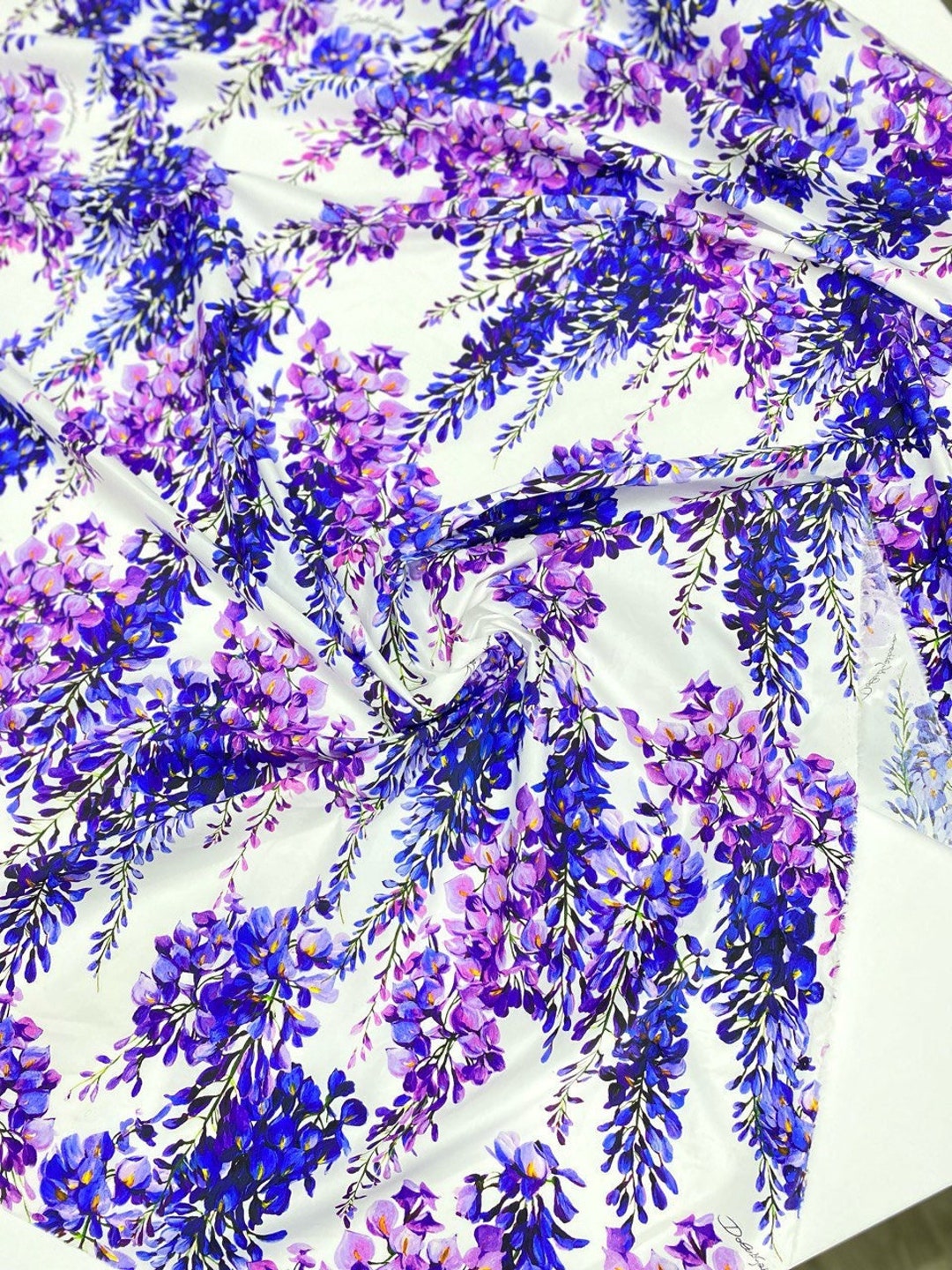 Wisteria Print Cotton Fabric by the Yard on White Background, Fashion Cotton Fabric With Flowers ...