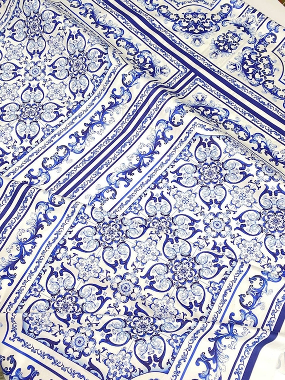 Majolica Print Italian Cotton Fabric, Sicilian Print Fabric, Blue