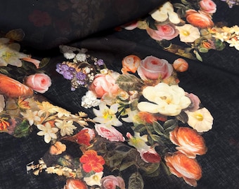 Premium Italian Floral Linen Fabric by the yard, Dark Baroque Rose Print Luxury Designer Inspired Fabric Made in Italy Dressmaking & Apparel