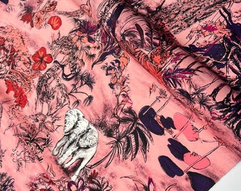Italian cotton fabric by the yard with animal and floral print, summer apparel high quality fashion clothing fabric with toile de jouy print