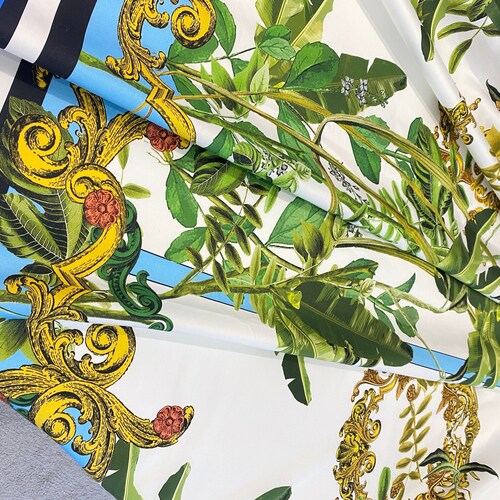 Cotton Fabric in the Coupons With Green Floral Print and Gold Etsy