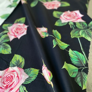 Designer fabric with roses on white or black background, cotton poplin designer inspired fabric by the yard, flower print fabric Cotton black