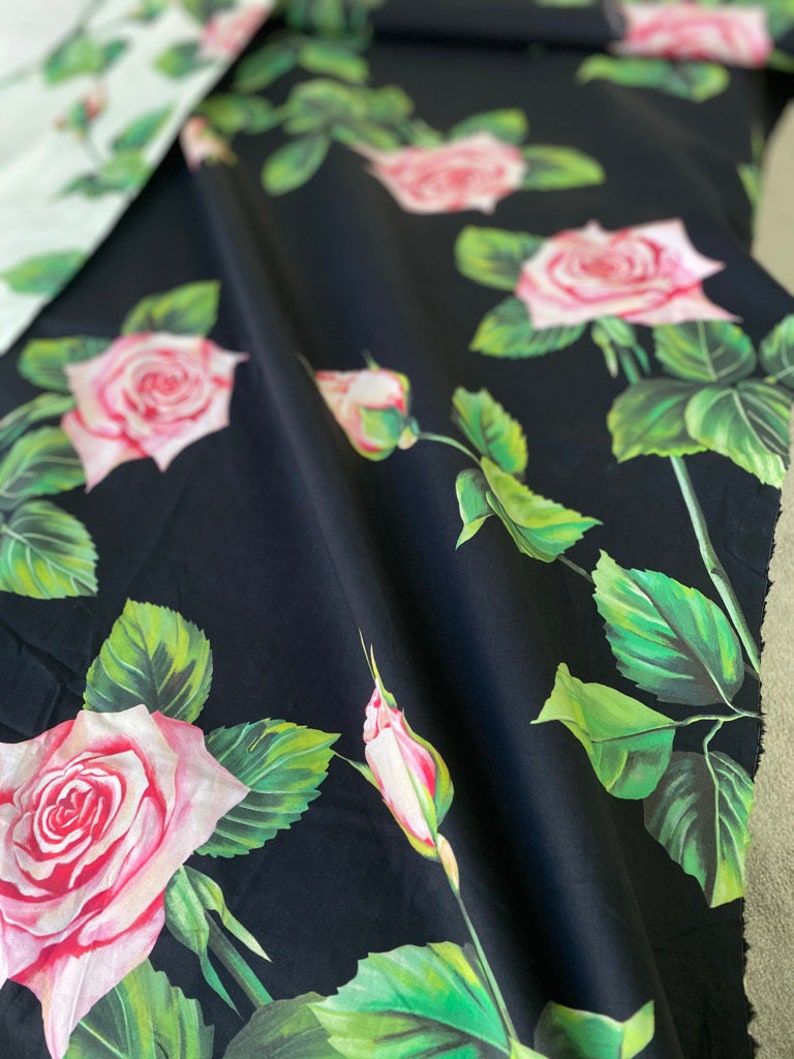 Designer fabric with roses on white or black background, cotton poplin designer inspired fabric by the yard, flower print fabric Cotton black