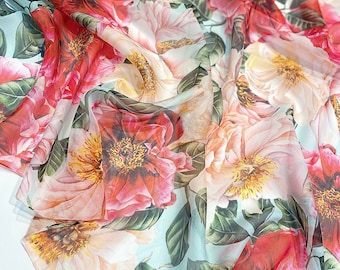 Peony designer inspired fabric, chiffon silk fabric by the yard with flowers,  floral designer fabric
