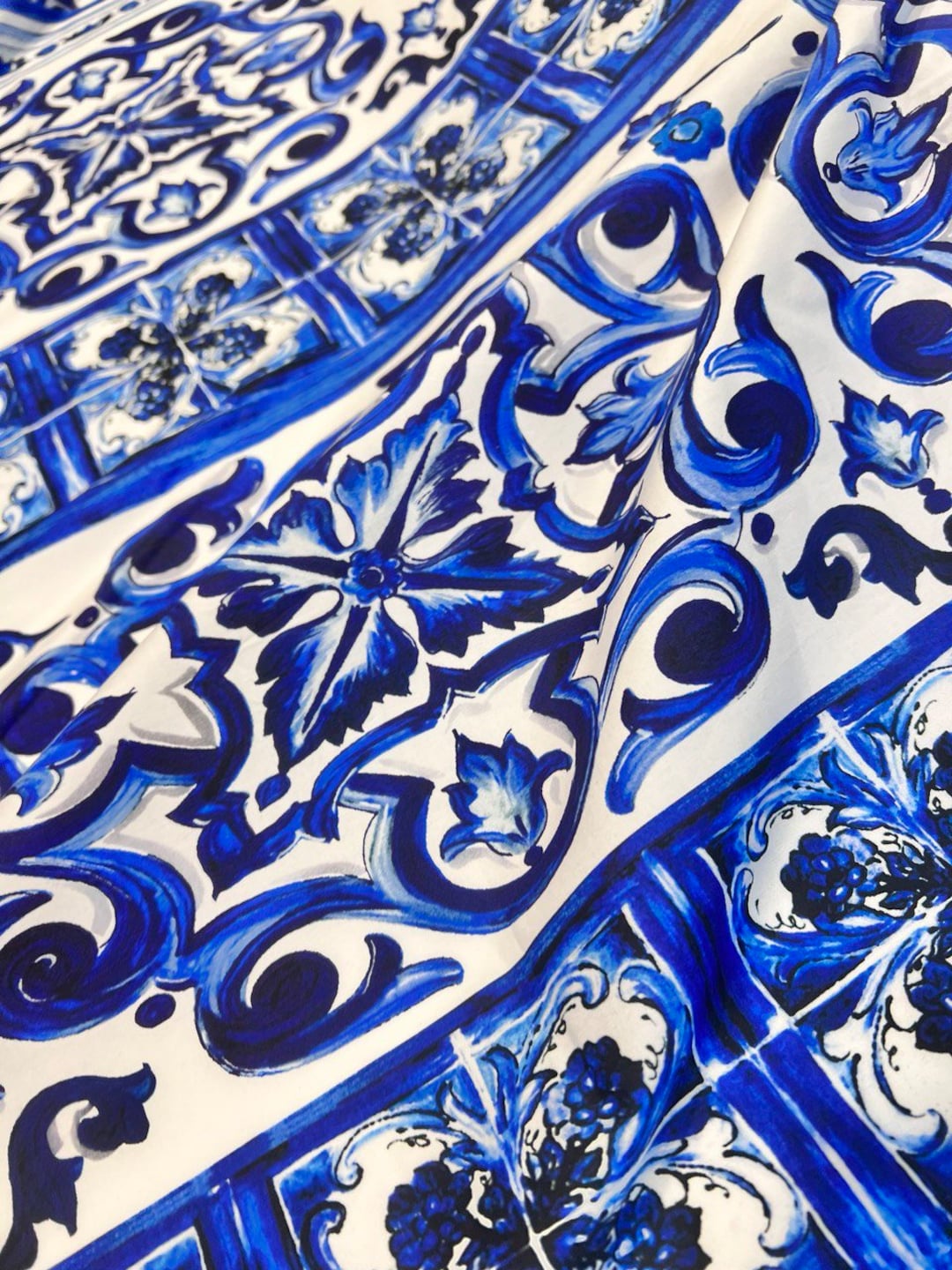 Italian Cotton With Majolica Print Fabric By The Yard Sicilian Blue italian-cotton-with-majolica-print-fabric-by-the-yard-sicilian-blue