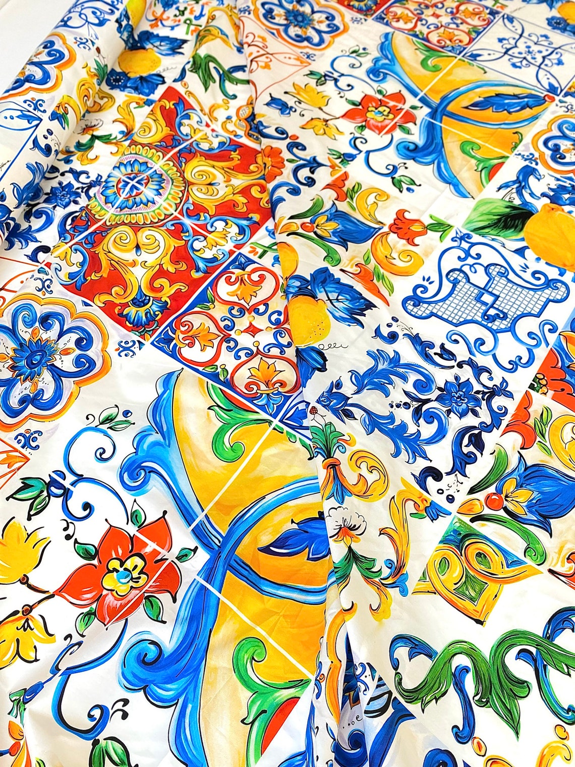 Majolica Designer Inspired Cotton Fabric With Lemons Tiles Etsy UK