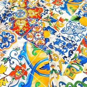 Majolica designer inspired cotton fabric with lemons, tiles, Sicily print, designer fabric by the yard