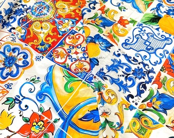 Majolica Designer Inspired Cotton Fabric With Lemons, Tiles