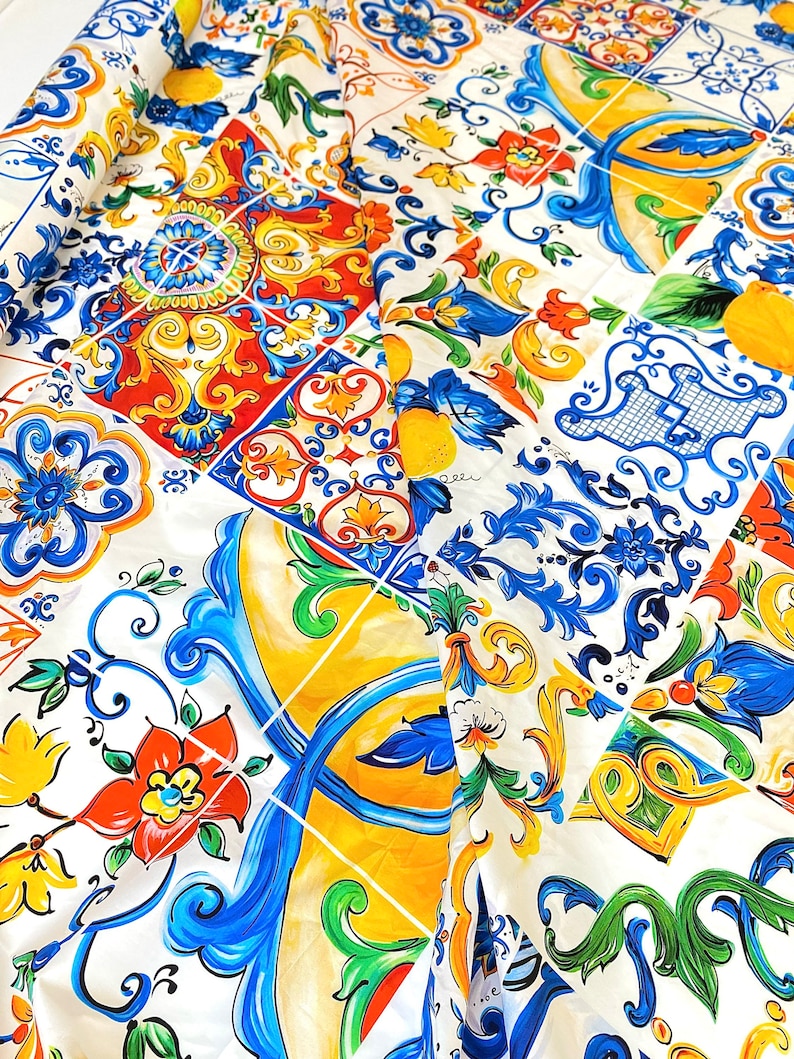 Majolica Fabric With Lemons Tiles Sicily Print Italian - Etsy