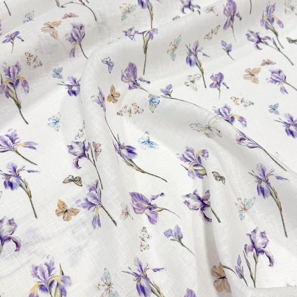 Italian 100% Linen Fabric White Iris Floral Print, High-End European Designer Textile for Summer Dresses by the Yard