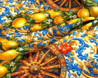 Italian Crepe Viscose Fabric Lemon Majolica Print, Mediterranean Designer Fabric, Sicily Tile Pattern Dress Fabric by Yard