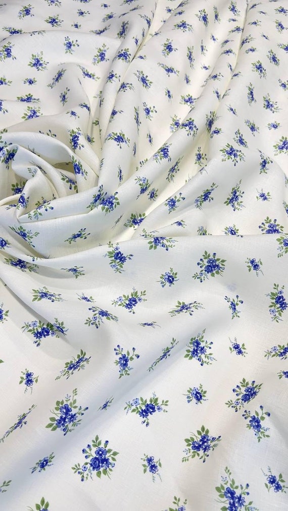 Linen fabric by the yard with tiny blue floral print, Italian apparel alta moda fabric with flowers for sewing suit, shirt, skirt, sundress