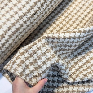 Premium tweed fabric by the yard in beige colors with houndstooth design, Italian sewing fabric for jacket, suit, skirt