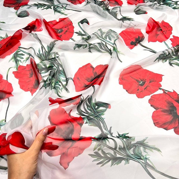 Italian chiffon fabric by the yard with red poppies on white background, designer apparel fabric with flowers for tailoring dress or blouse