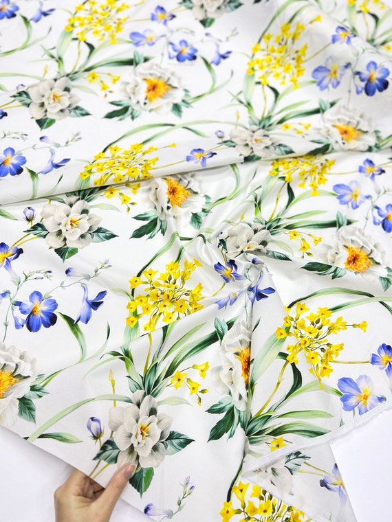 White cotton fabric by the yard with the elegant flower print, Italian apparel fabric with flowers, fashion fabric for sundress and suits