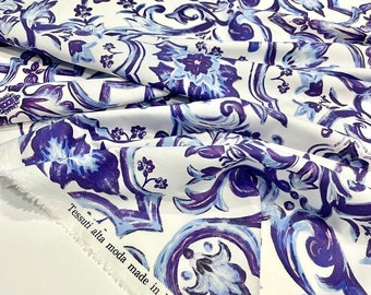 Vintage Italian Mosaic Tile Fabric, Sicilian Majolica Print, Blue