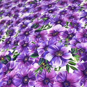 Poplin cotton designer fabric with flowers by the yard, purple floral Italian fabric for sewing dresses, blouses, skirts