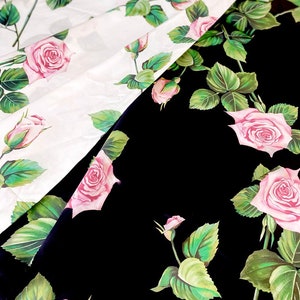 Designer fabric with roses on white or black background, cotton poplin designer inspired fabric by the yard, flower print fabric